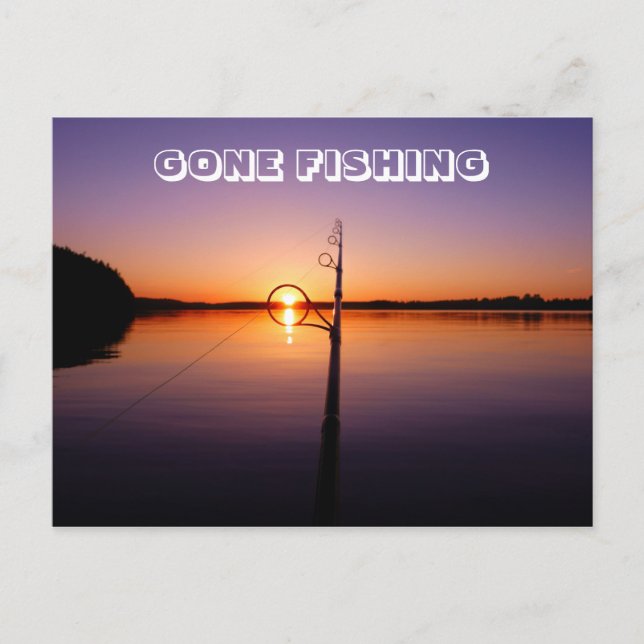 Sunset on a summer lake seen through a fishing rod postcard (Front)