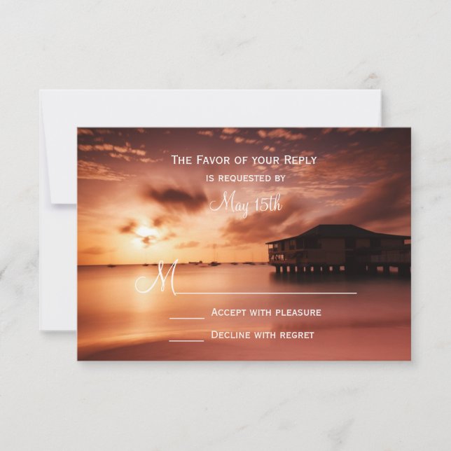 Sunset on Beach Harbour Marina Wedding RSVP Cards (Front)