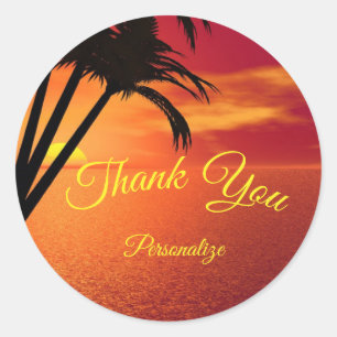 Sunset on Beach Palm Tree Thank You Personalise Classic Round Sticker