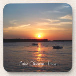 Sunset on Lake Okoboji, Iowa Coaster<br><div class="desc">This drink coaster features a photo of the sun setting on West Lake Okoboji. The photo is accented with a silhouette of several boat crossing the lake.</div>