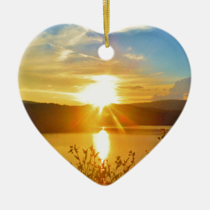 Sunset on mountain Lake Arrowhead Ceramic Tree Decoration