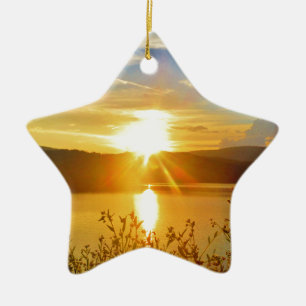 Sunset on mountain Lake Arrowhead Ceramic Tree Decoration