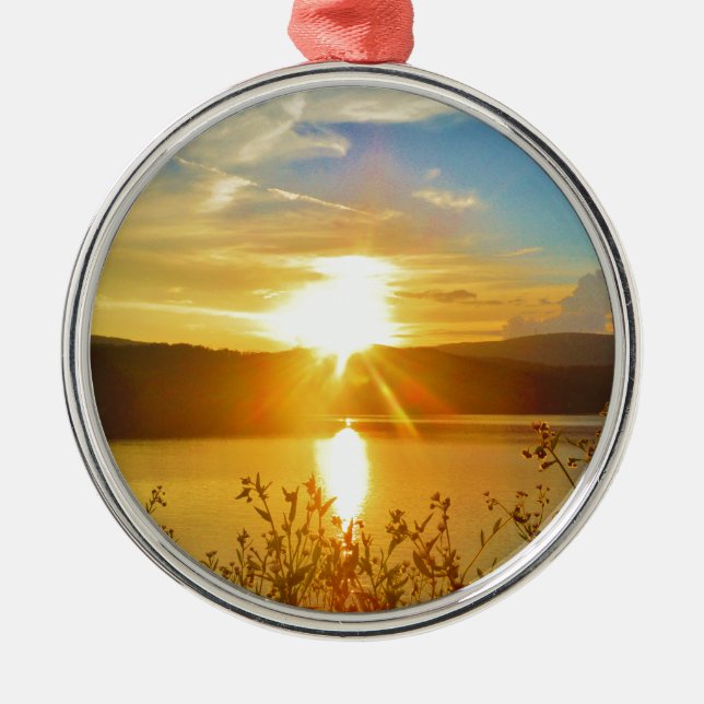 Sunset on mountain Lake Arrowhead Metal Tree Decoration (Front)