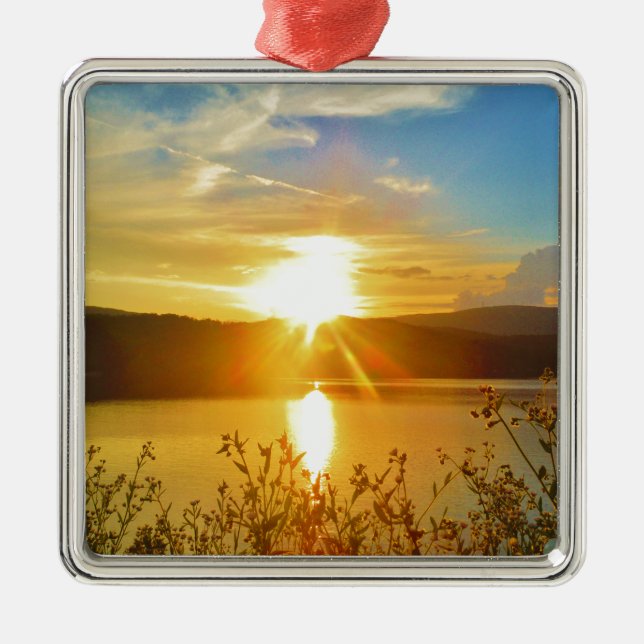 Sunset on mountain Lake Arrowhead Metal Tree Decoration (Front)
