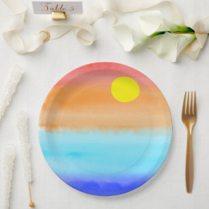 Sunset on ocean watercolor  Abstract art Ombre Paper Plate