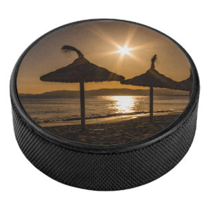 Sunset on the beach, Mallorca, Spain Hockey Puck
