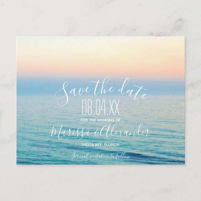 Sunset on the Beach Ocean Wedding Save the Dates Announcement Postcard (Front)