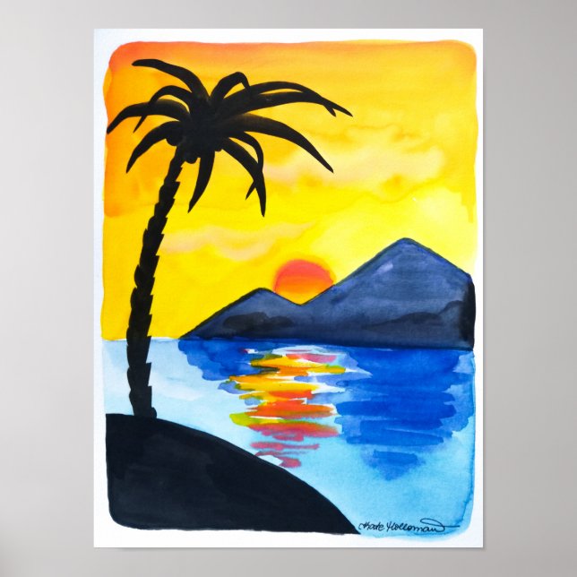 Sunset on the Beach - Watercolor Illustration Poster (Front)