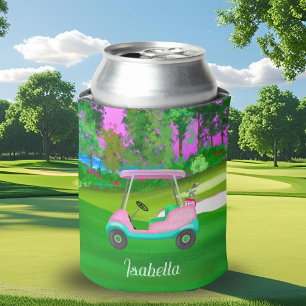 Sunset On The Golf Course Pink Leather Golf Cart  Can Cooler