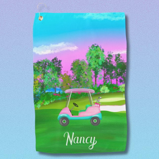 Sunset On The Golf Course Pink Leather Golf Cart  Golf Towel (Creator Uploaded)