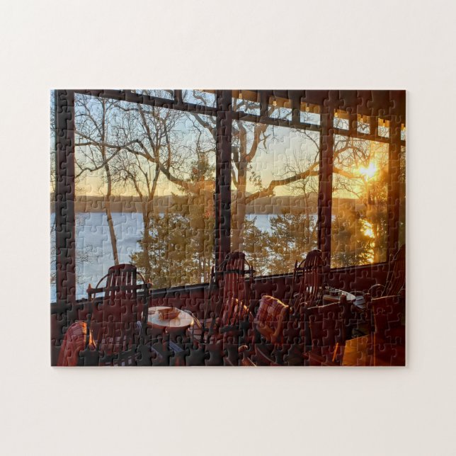 Sunset on the Lake | Peaceful Cabin Covered Porch Jigsaw Puzzle (Horizontal)