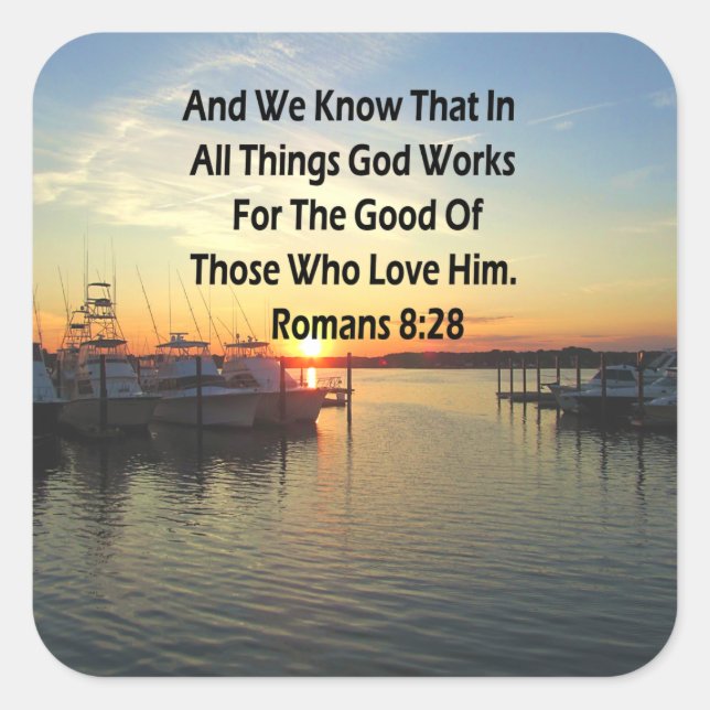 SUNSET ON THE LAKE ROMANS 8:28 SCRIPTURE SQUARE STICKER (Front)