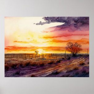 Sunset On The Prairie Watercolor Poster