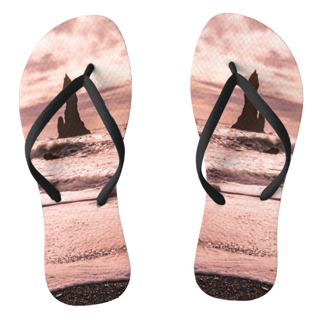 Sunset on the Reynisfjara black sand beach, Icelan Flip Flops (Footbed)