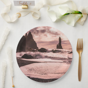 Sunset on the Reynisfjara black sand beach, Icelan Paper Plate