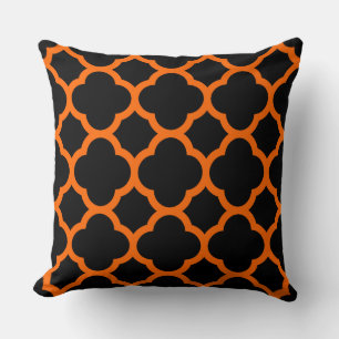 Sunset Orange and Black Quatrefoil Pattern Cushion