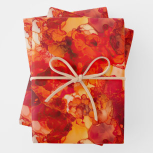 Sunset Orange and Red with Rose Gold Alcohol Ink Wrapping Paper Sheet