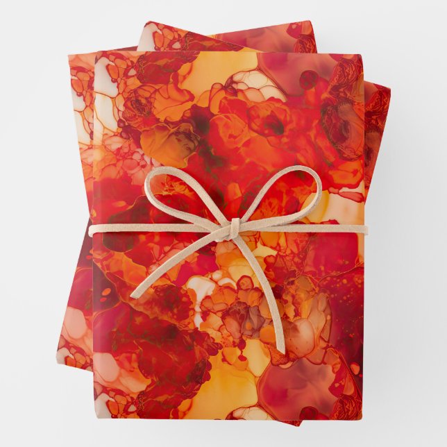 Sunset Orange and Red with Rose Gold Alcohol Ink Wrapping Paper Sheet (In situ)