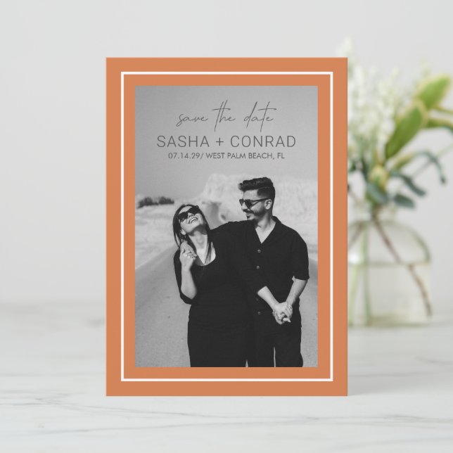 Sunset Orange Bold Border Photo Modern Wedding Save The Date (Standing Front)