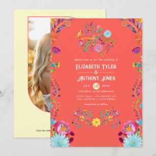 Sunset Orange/Cream Floral Mexican Fiesta Wedding Invitation