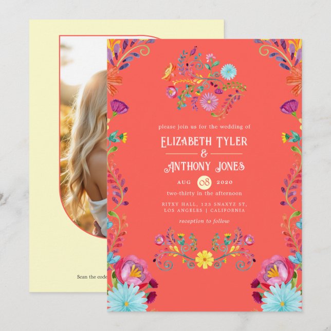 Sunset Orange/Cream Floral Mexican Fiesta Wedding Invitation (Front/Back)