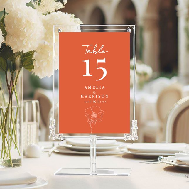 Sunset Orange Elegant Wedding 5x7 Table Number (Sunset Orange Wedding Reception Table Number with Couple Names, Date, Delicate Flowers.)