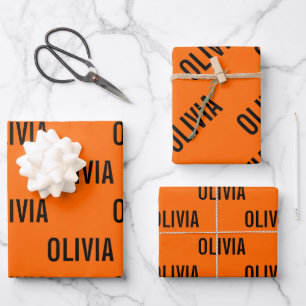 Sunset Orange Modern Name   Trendy Minimalist  Wrapping Paper Sheet