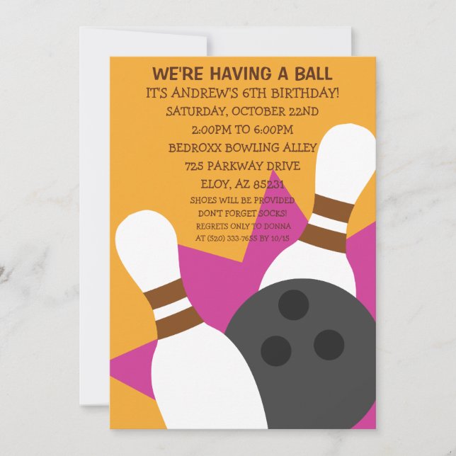 Sunset Orange On the Ball Bowling Party Invitation (Front)