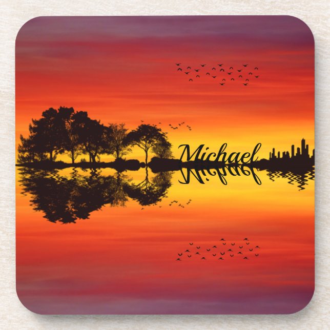 Sunset orange red black silhouette guitar name  coaster (Front)