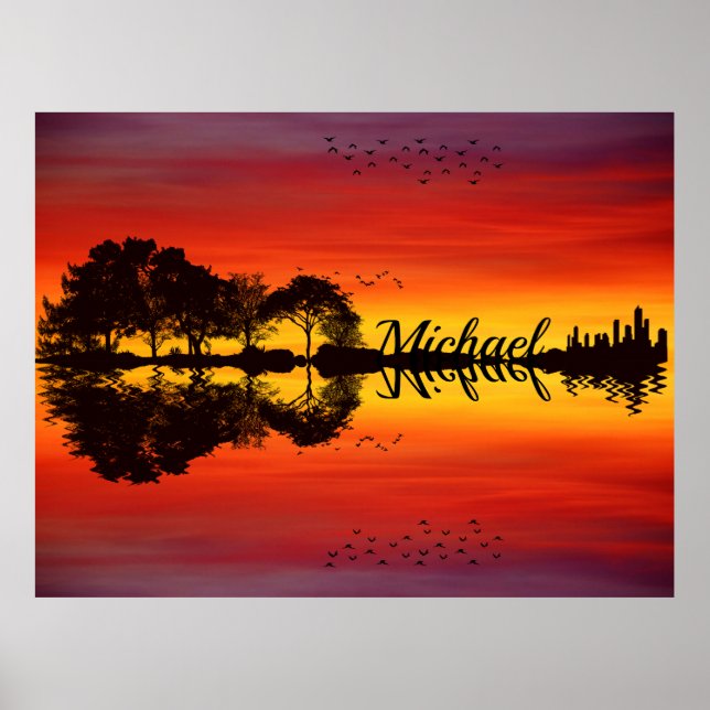 Sunset orange red black silhouette guitar name  poster (Front)