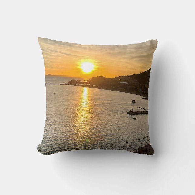 Sunset Orange Sky, sea and mountains Cushion (Front)