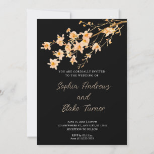 Sunset Orange Wildflowers Simple Black Wedding Invitation