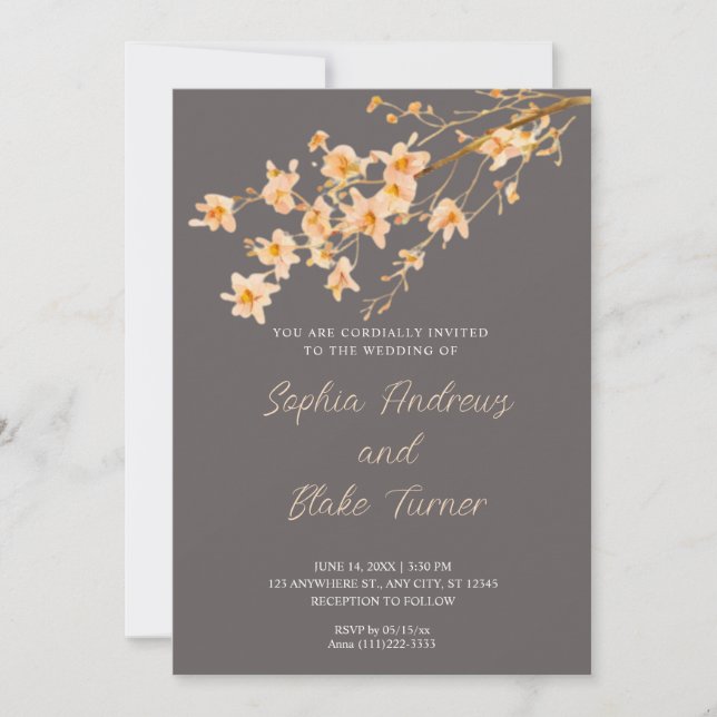 Sunset Orange Wildflowers Simple Grey Wedding Invitation (Front)