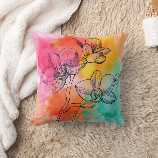 Sunset Orchid Watercolor Throw Pillow (Blanket)