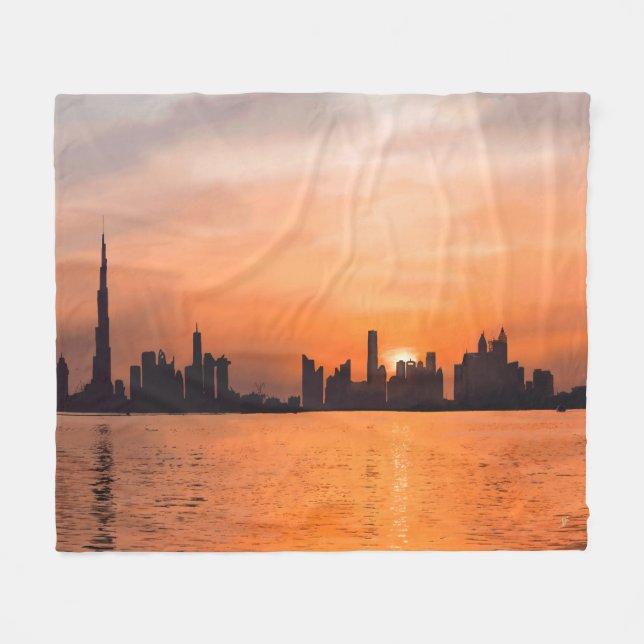 Sunset over a seaside town - watercolor fleece blanket (Front (Horizontal))