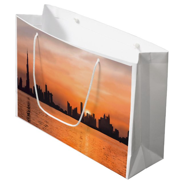 Sunset over a seaside town - watercolor large gift bag (Front Angled)