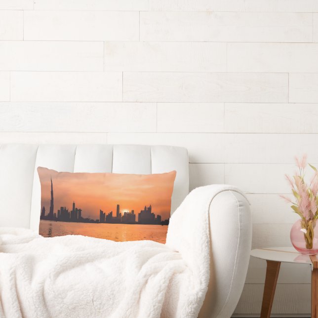 Sunset over a seaside town - watercolor lumbar cushion (Couch)
