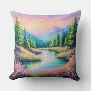 Sunset Over a Serene Stream and Trees Cushion
