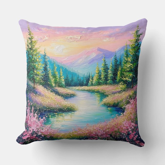 Sunset Over a Serene Stream and Trees Cushion (Front)