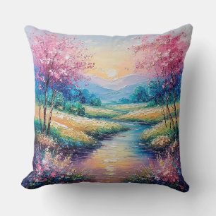 Sunset Over a Serene Stream Cushion