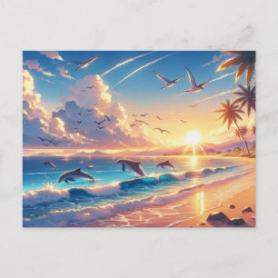 Sunset over a Tropical Beach with Dolphins and Sea Postcard
