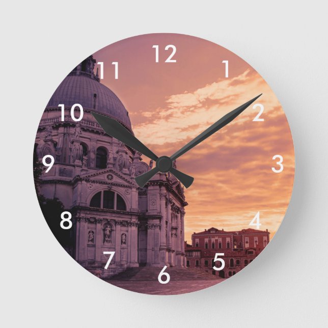 Sunset over Basilica in Venice Round Clock (Front)