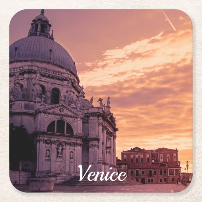 Sunset over Basilica Venice Square Paper Coaster (Front)