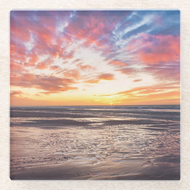 Sunset over beach and sea glass coaster (Front)