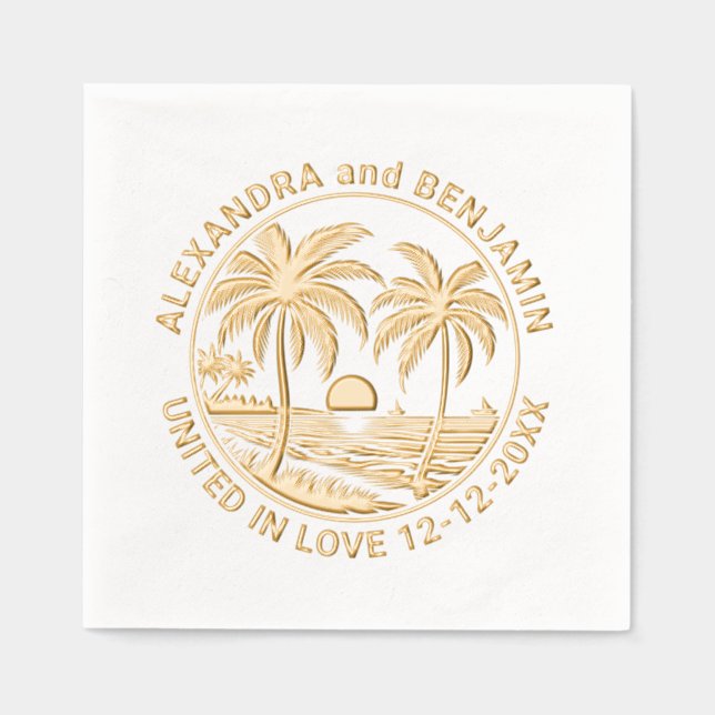 Sunset Over Beach, Palm Trees Wedding Couple Foil Napkins (Front)