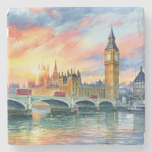 Sunset Over Big Ben and Westminster Bridge Stone Coaster (Front)