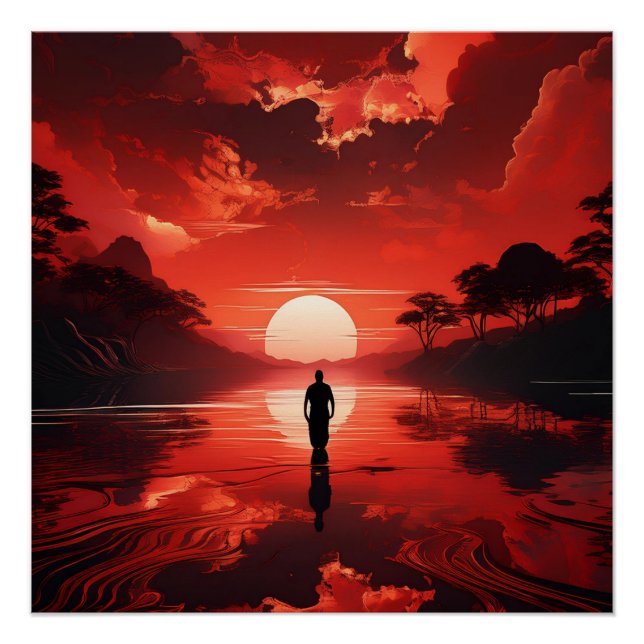 Sunset Over Calm Waters – Red Fiery Sky Reflection Poster (Front)