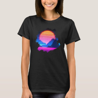Sunset Over Canyon And Grid Mountains Synthwave La T-Shirt
