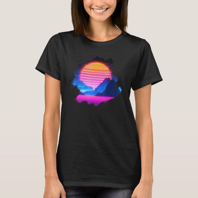 Sunset Over Canyon And Grid Mountains Synthwave La T-Shirt (Front)