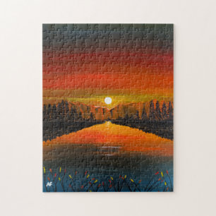 Sunset over Canyon Lake Painting by Alfred Fox Jigsaw Puzzle